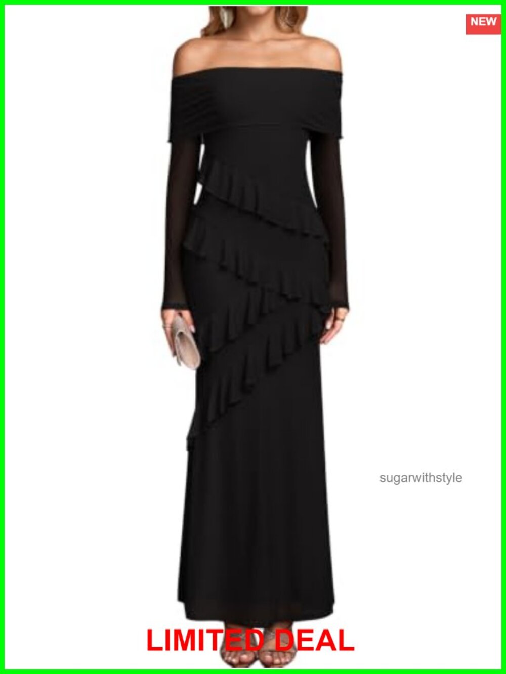 Off Shoulder Long Sleeve Mesh Maxi Dress Wedding Guest Formal